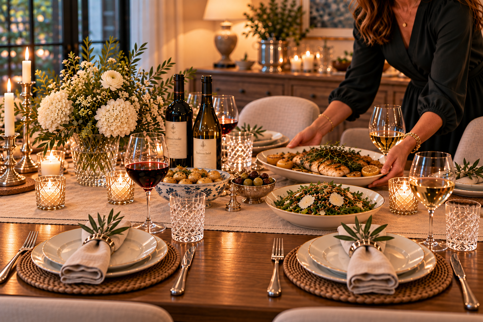 Candlelit dinner table set for sharing food, wine, and conversation.