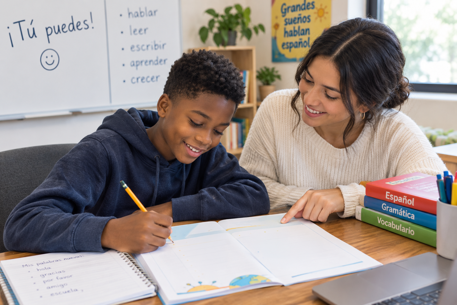 A young boy and a woman sitting at a desk in a classroom, working on a project together. The boy is writing in a notebook, and the woman is pointing at his work, smiling. There are books on Spanish grammar and vocabulary on the desk, as well as a laptop. The classroom has educational posters and a whiteboard in the background.