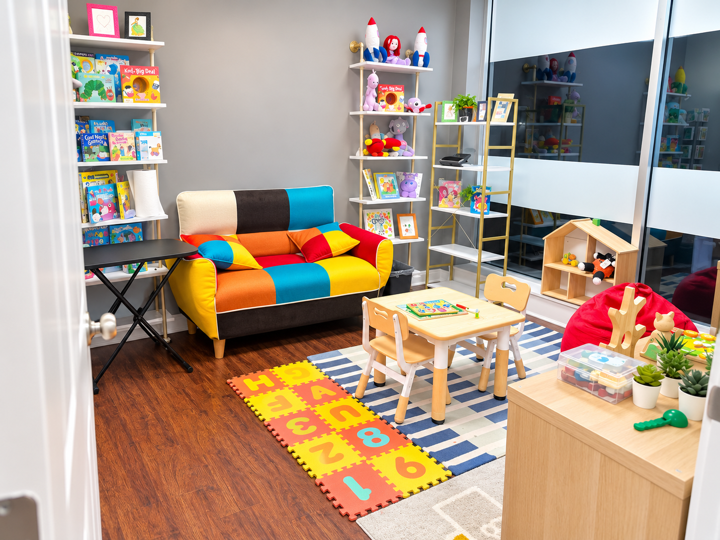 Colorful children's playroom with a patchwork sofa, educational toys, books, plush stuffed animals, small table and chairs, and foam alphabet and number mats.