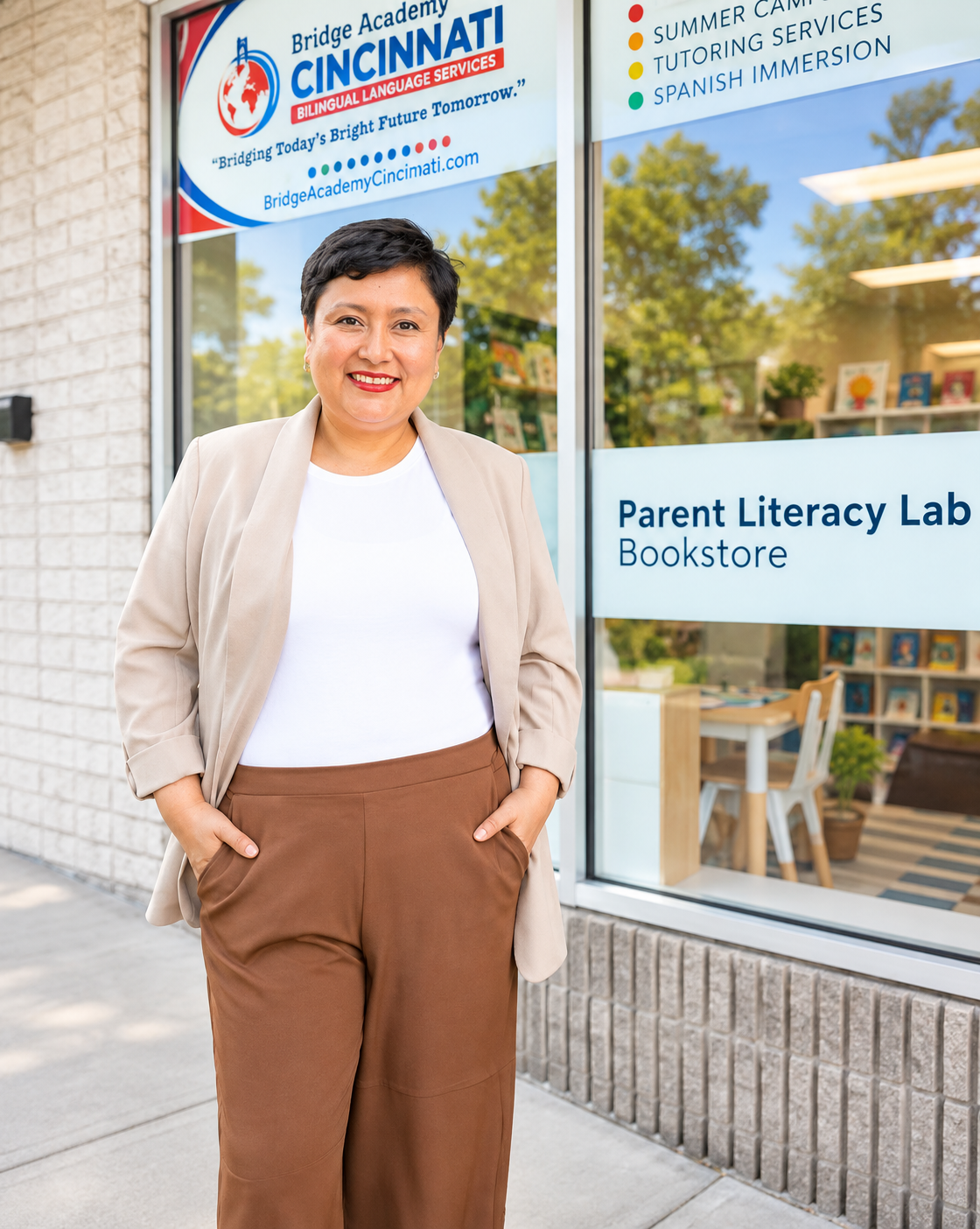 A woman standing outside a bookstore with a sign that reads 'Parent Literacy Lab' and 'Bridge Academy Cincinnati Bilingual Language Services'. She is smiling, wearing a beige blazer, white shirt, and brown pants, with her hands in her pockets.