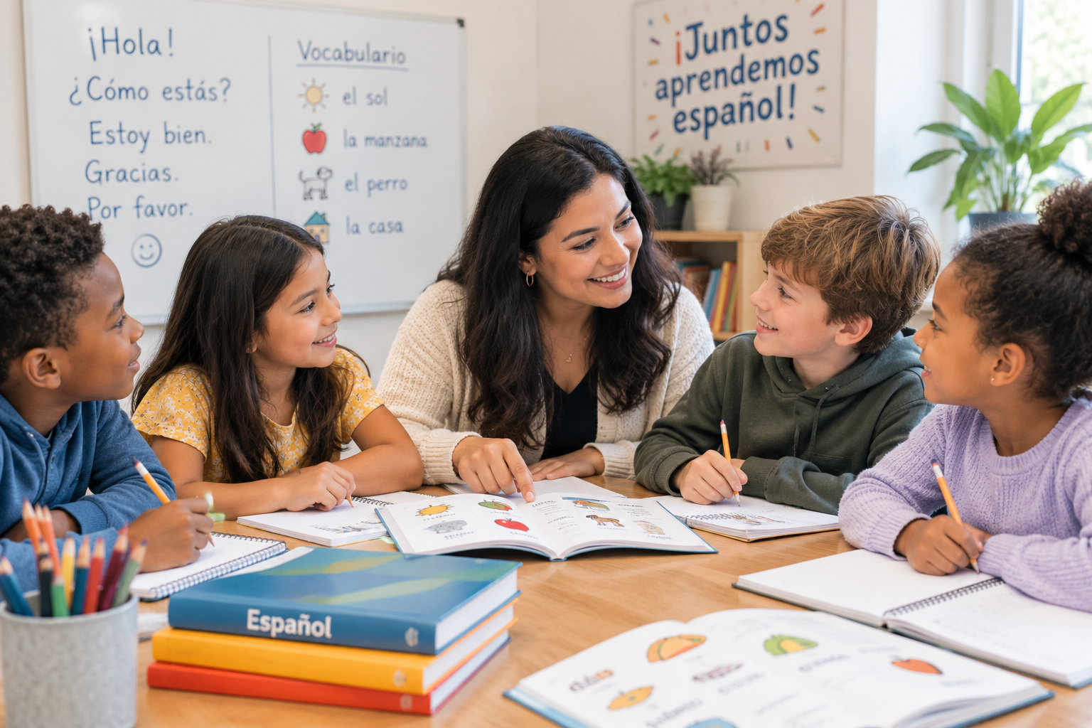 A diverse group of five students in a classroom, learning Spanish with a teacher. The students sit at a wooden table with open textbooks, notebooks, and colored pencils. The teacher engages with the students, smiling and pointing at the textbook. The classroom has educational posters on the walls, including a whiteboard with Spanish phrases and vocabulary, and a colorful sign saying 'Juntos aprendemos español!'.