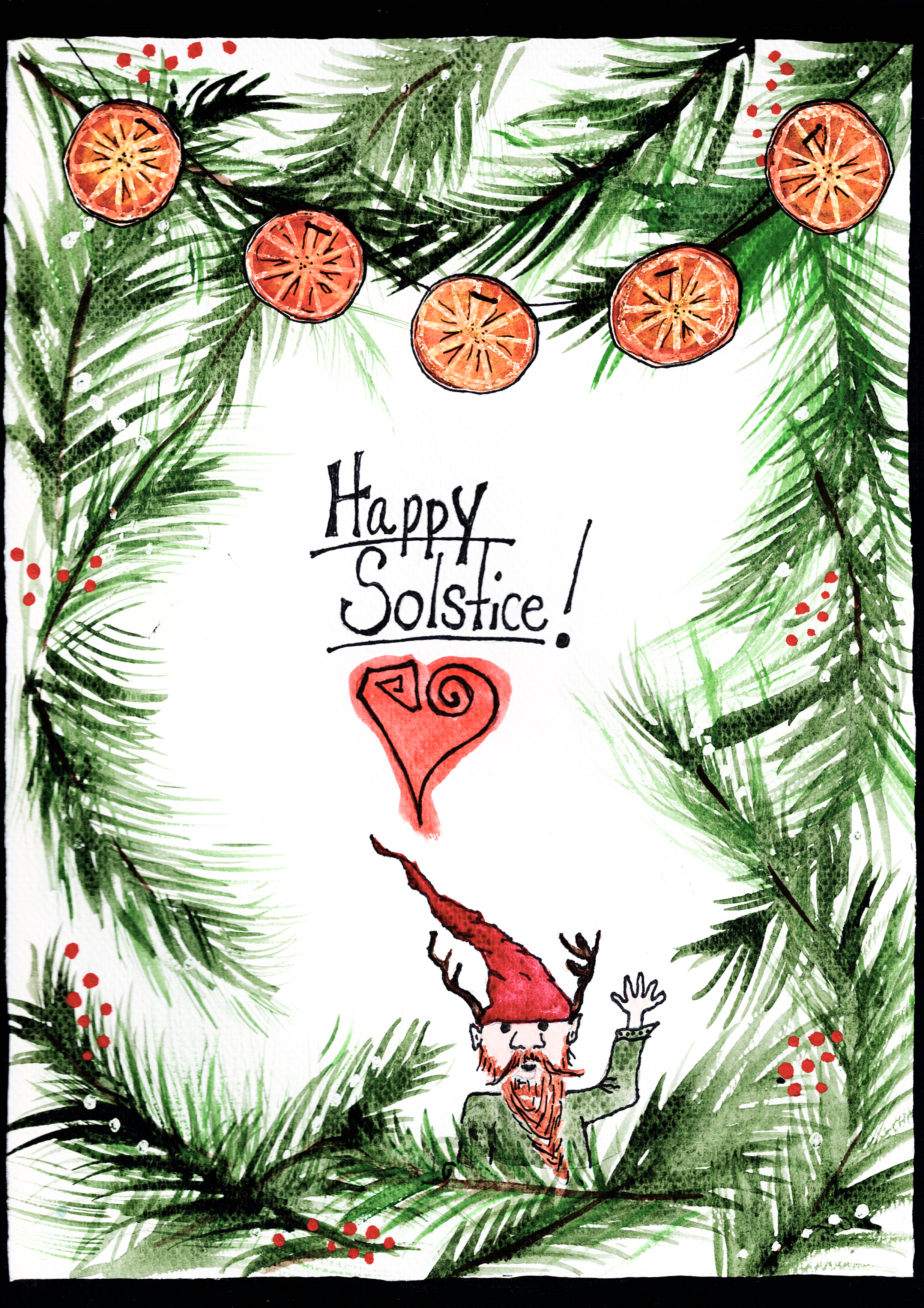 The Yule Goat Happy Solstice back cover water color illustration by Emily Mizen