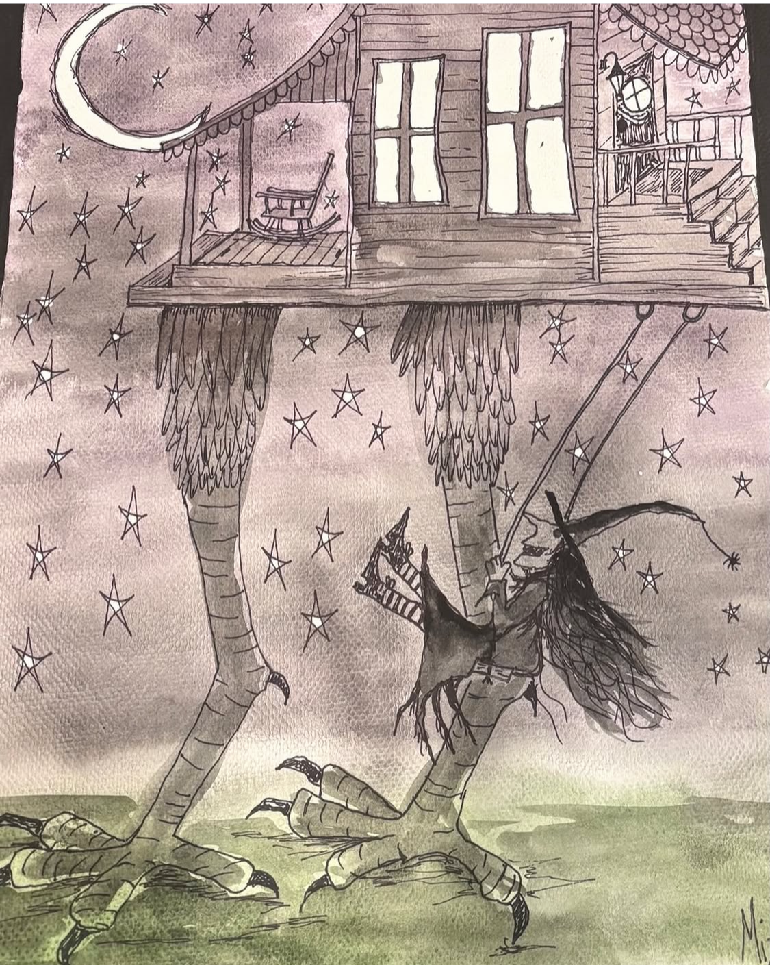 Baba Yaga, watercolor illustration by Emily Mizen