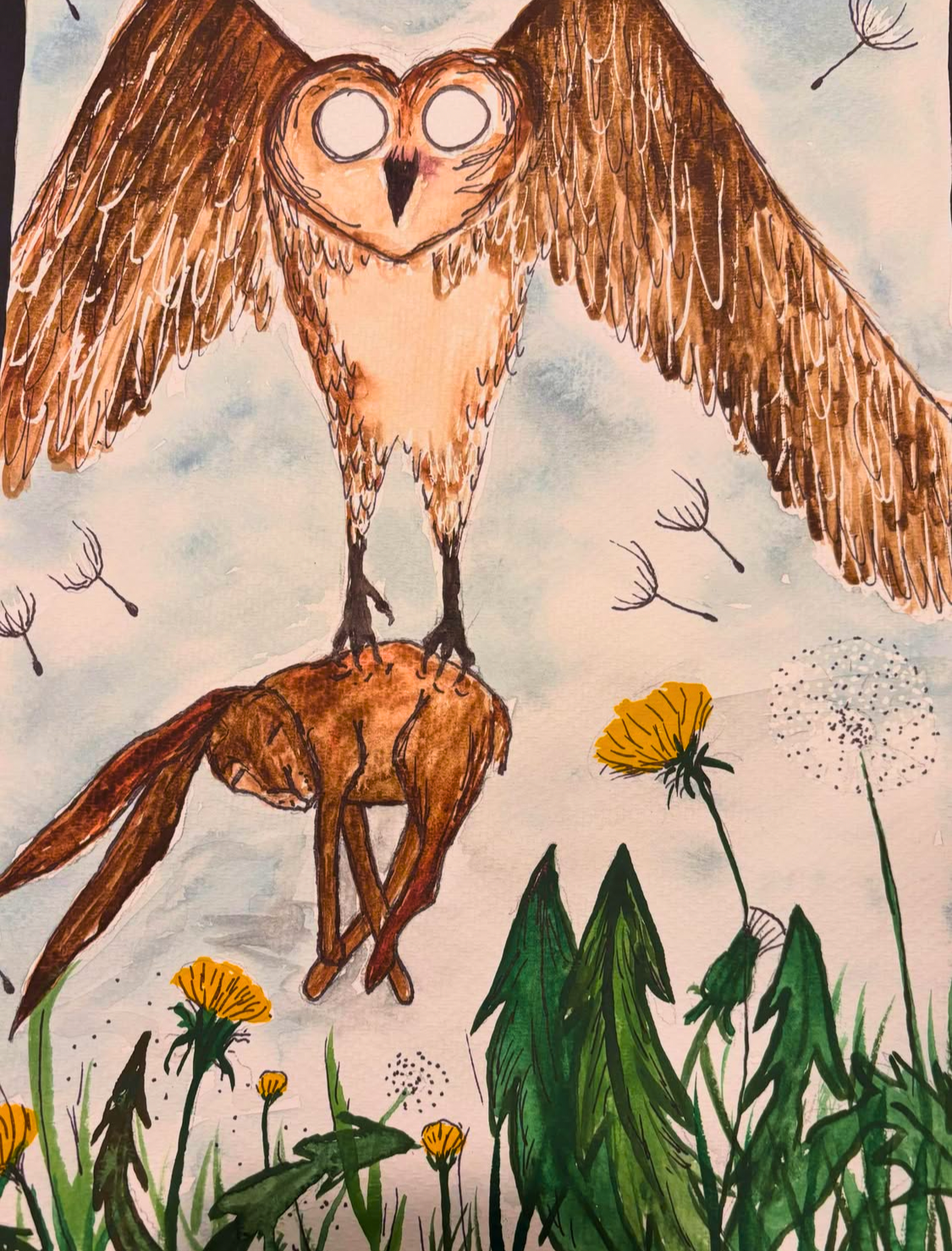Hare & Dandelions, watercolor illustration by Emily Mizen