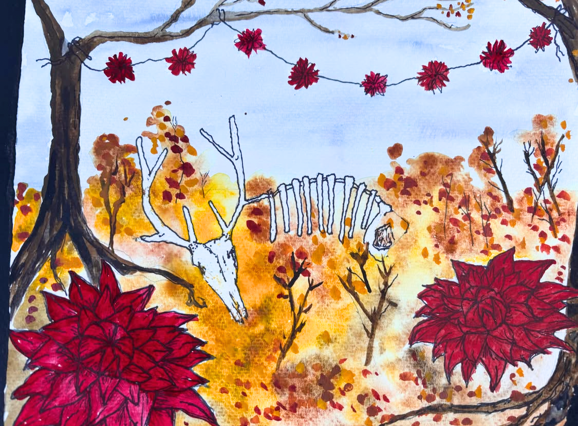 Deer & Dahlias, watercolor illustration by Emily Mizen