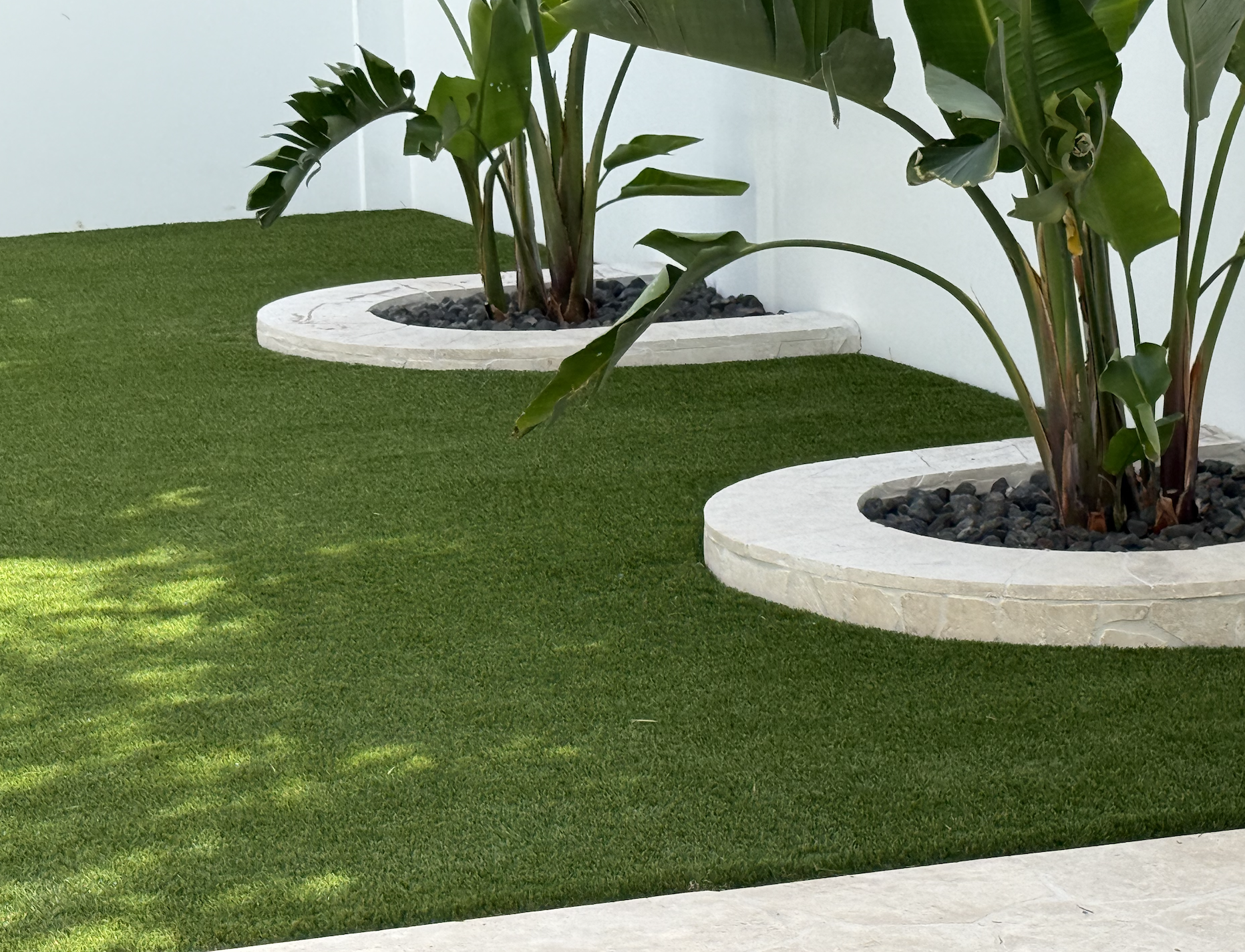 A landscaped outdoor area with green grass, white circular planters with plants, and a white wall in the background.
