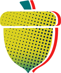 A colorful backpack with a yellow body decorated with black polka dots, a green front pocket, and red accents including the straps and zipper area.