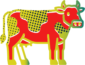Pop art style illustration of a cow with bright red, yellow, green, and black colors.