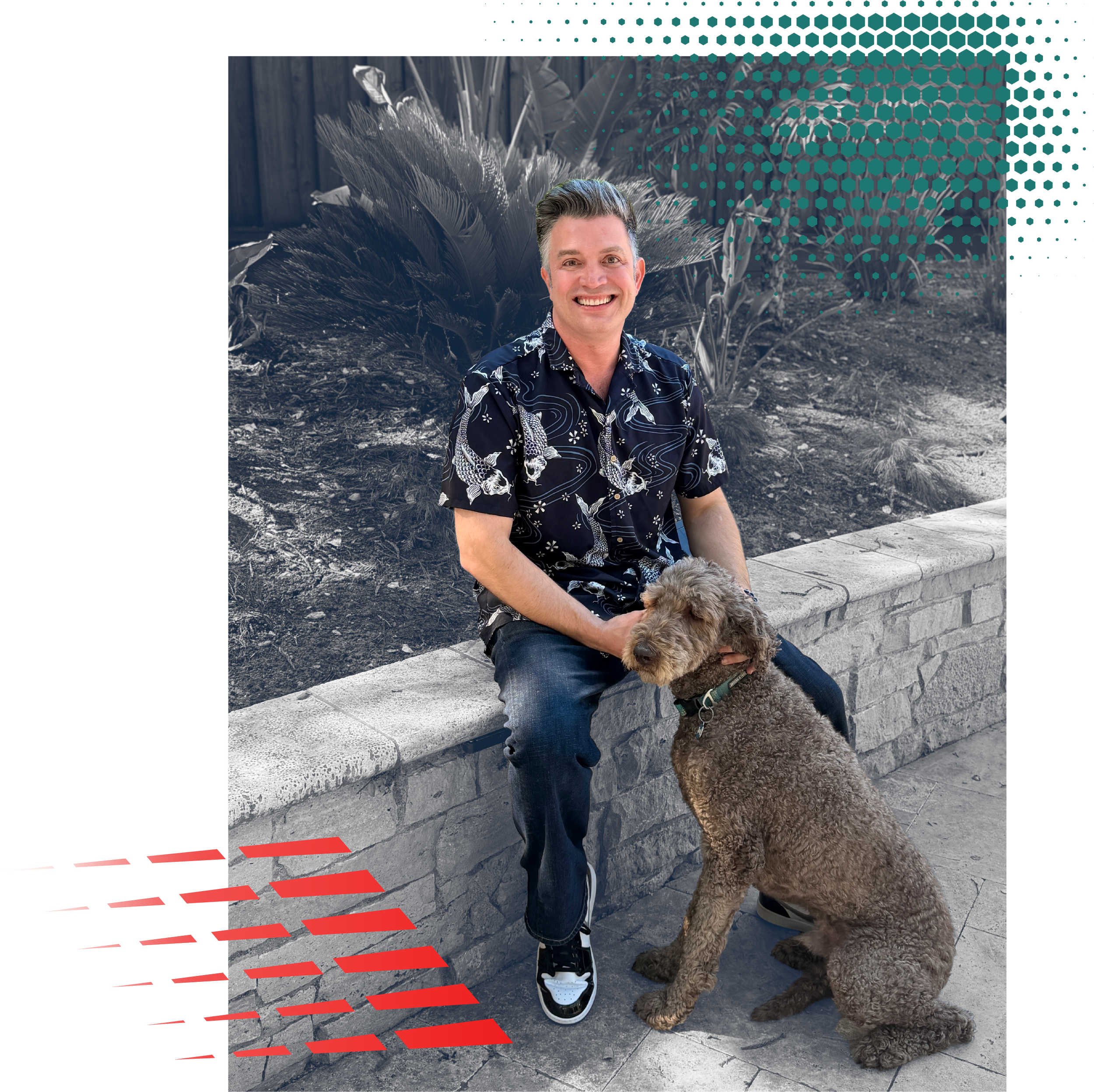 Kerry Hillis, candidate for re-election to Moraga Town Council, sitting on a stone ledge outdoors, holding a large brown poodle dog. The background includes plants and a wooden fence, and the image has a graphic overlay with teal hexagonal patterns.