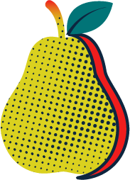 A yellow pear with black dots, seen from the front, with a green leaf and a red and blue striped shadow.
