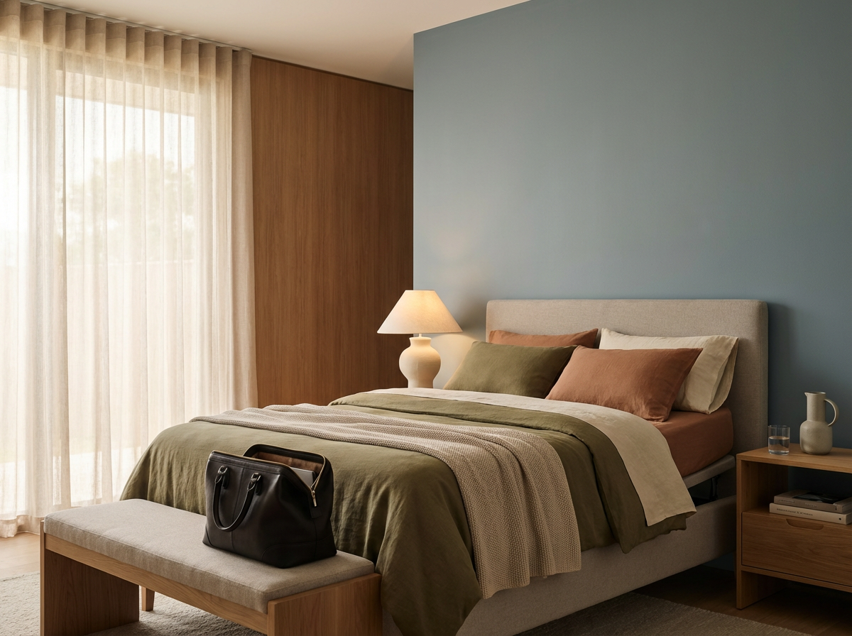 Modern bedroom with a bed, pillows, bedside table with lamp, and a black purse on a bench at the foot of the bed. It has curtains, wooden accents, and a blue wall.