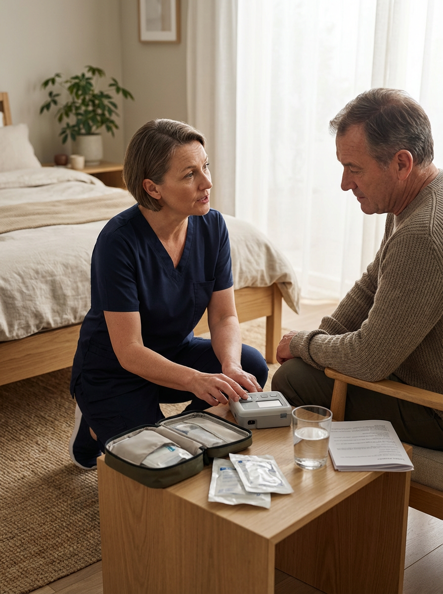 A nurse or medical professional demonstrates an automated blood pressure monitor to a middle-aged man in a bedroom with natural light, a bed, and a potted plant in the background.