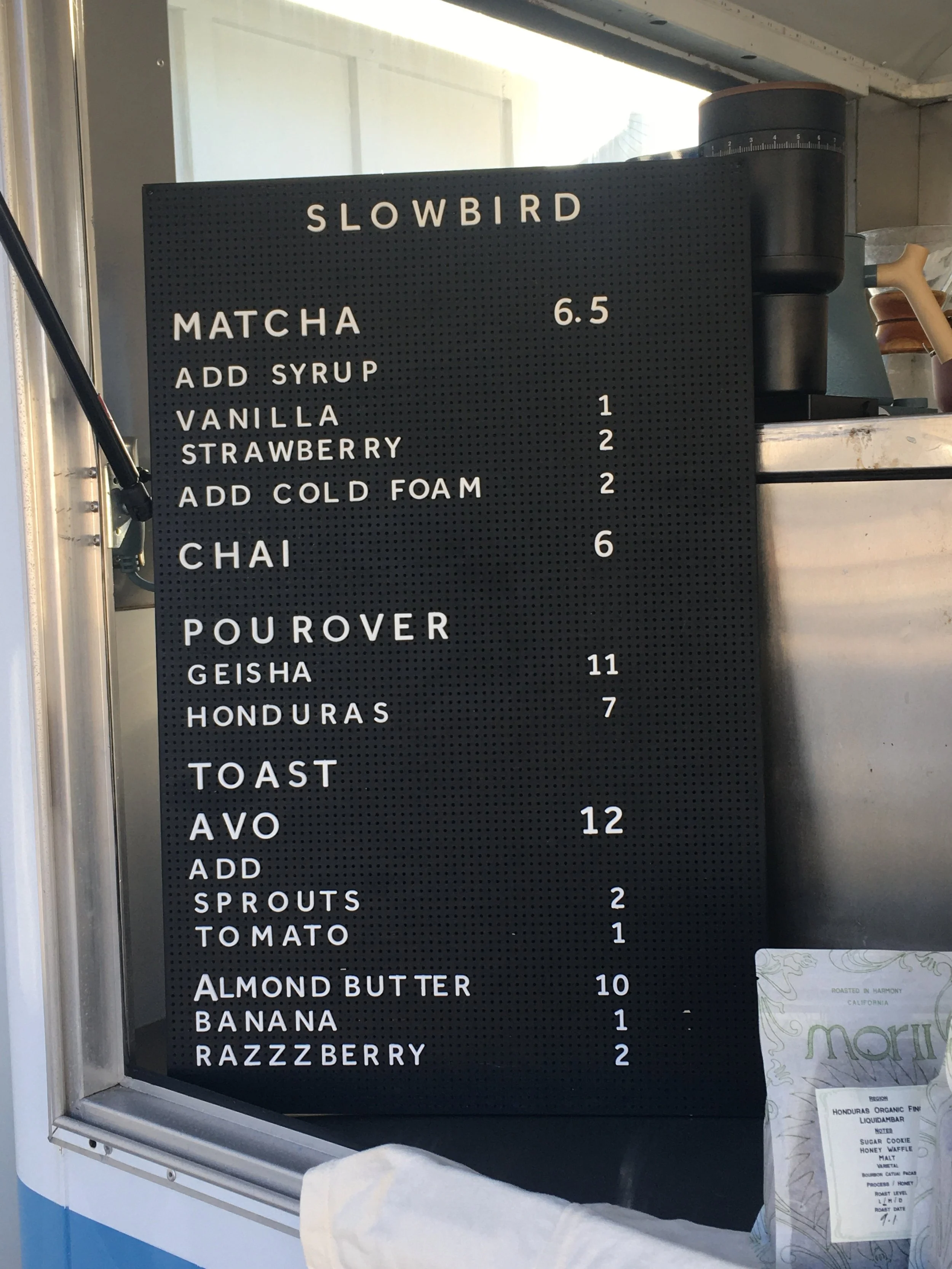 slowbird matcha, coffee, and toast menu in cayucos, ca