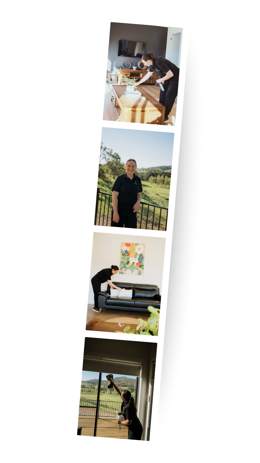 A collage of four images showing women cleaning and organizing a home and outdoor area.