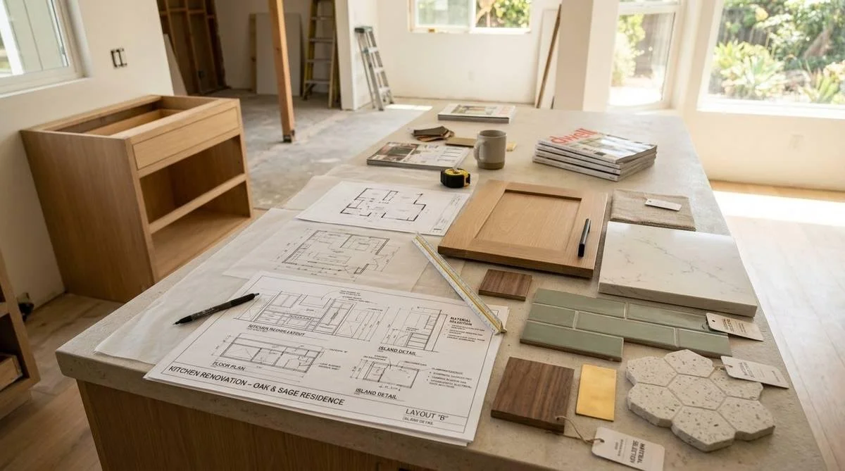 A construction or renovation workspace with blueprints, wood samples, tile samples, a ruler, a tape measure, a pen, a mug, magazines, and tabletops on a large table in a bright room with windows.