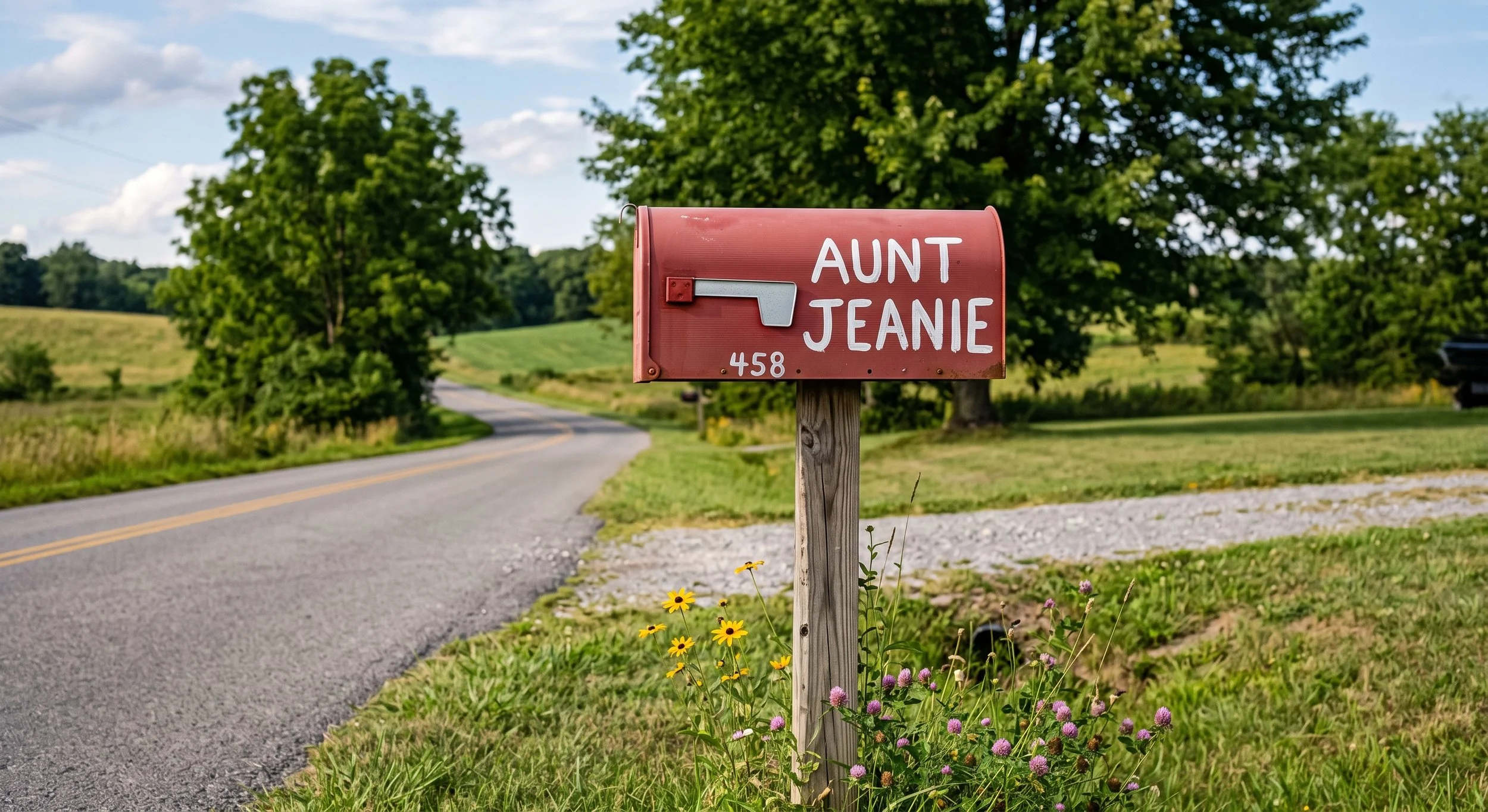 Red mailbox with the words 'Aunt Jeanie' and the number '458' on it, located by a rural road with green trees and flowers.