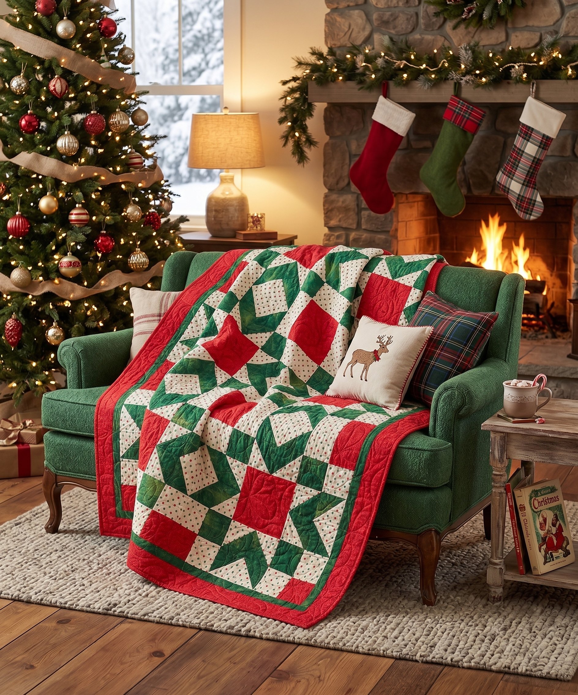 A Christmas scene featuring a decorated Christmas tree with red, gold, and silver ornaments, a warm lamp on a side table, a cozy brick fireplace with stockings hanging, a lit fire, and a green armchair covered with a red, green, and white patchwork quilt and holiday pillows. The overall setting is warm and festive, with a snowy winter scene visible outside the window.