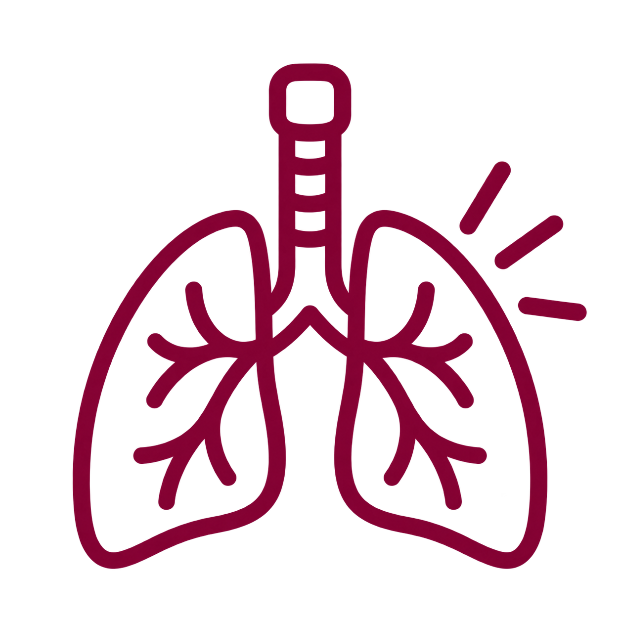 Outline illustration of human lungs with a trachea in the center, highlighted with lines indicating airflow, and radiating lines to signify breath or respiration.