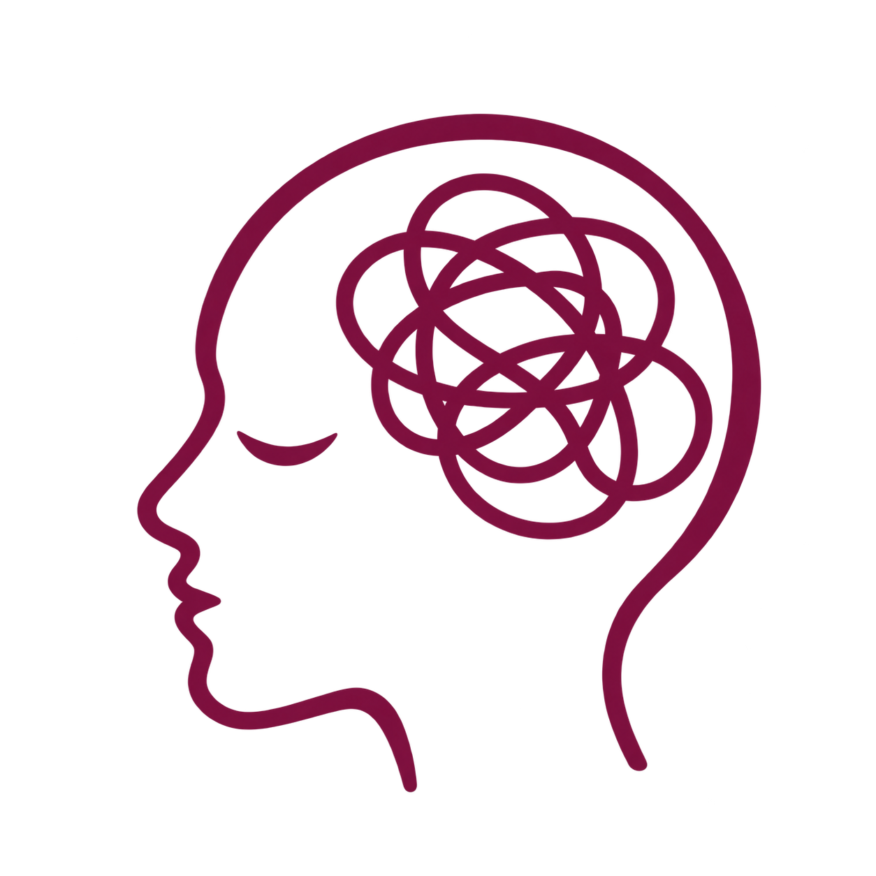 Outline of a human head with a tangled line inside representing confusion or mental chaos.