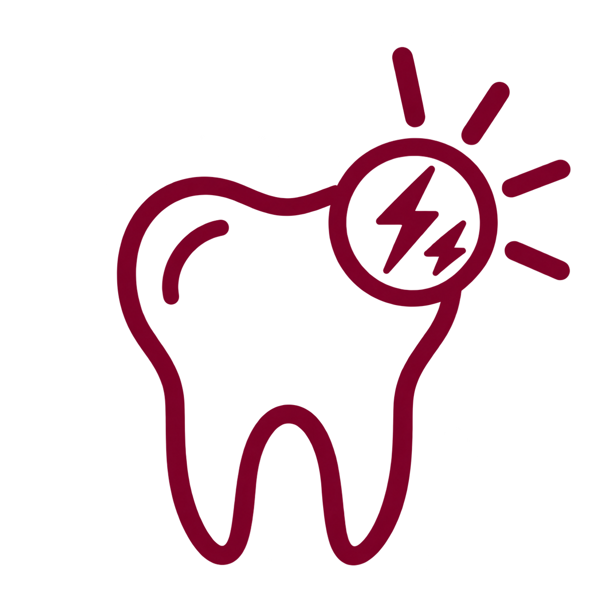 Outline of a tooth with a lightning bolt inside a circle and radiating lines, indicating dental pain or nerve issue.