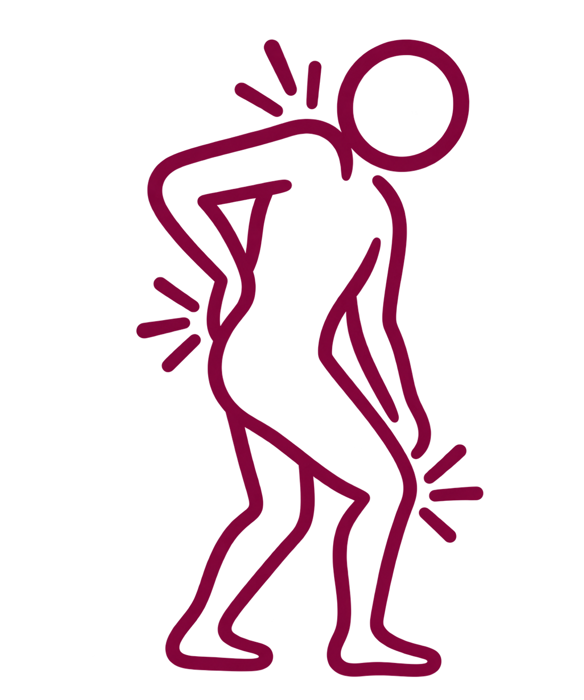 Minimalist line drawing of a person clutching their lower back, indicating pain or discomfort.