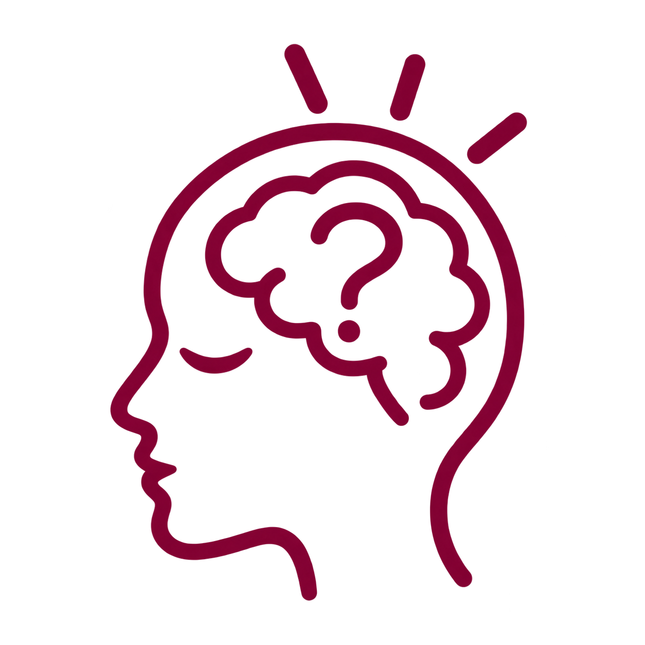 Outline of a human head with a brain inside and a question mark, indicating mental or cognitive inquiry.
