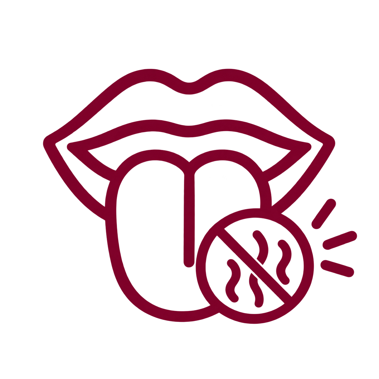 Outline of a tongue sticking out with lips and a no-cigarette sign over a cigarette.