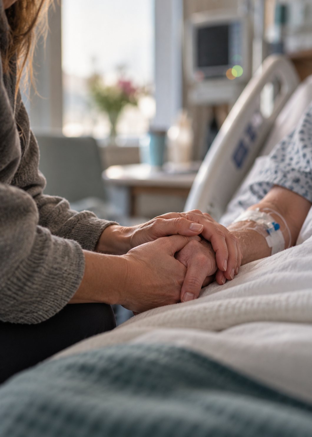 Person holding a patient’s hand in a hospital room, with the patient lying in a bed and wearing a hospital gown.