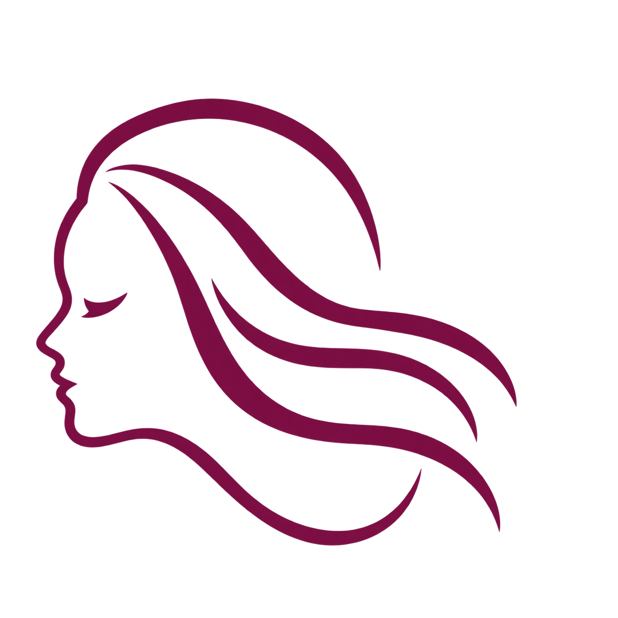 Minimalist outline of a woman's face in profile with flowing hair, drawn with dark purple lines on a black background.