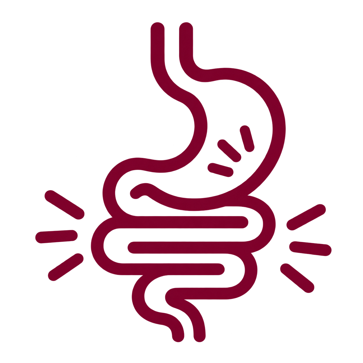 Stylized illustration of a human digestive system with red glow, showing the stomach, intestines, and related organs.