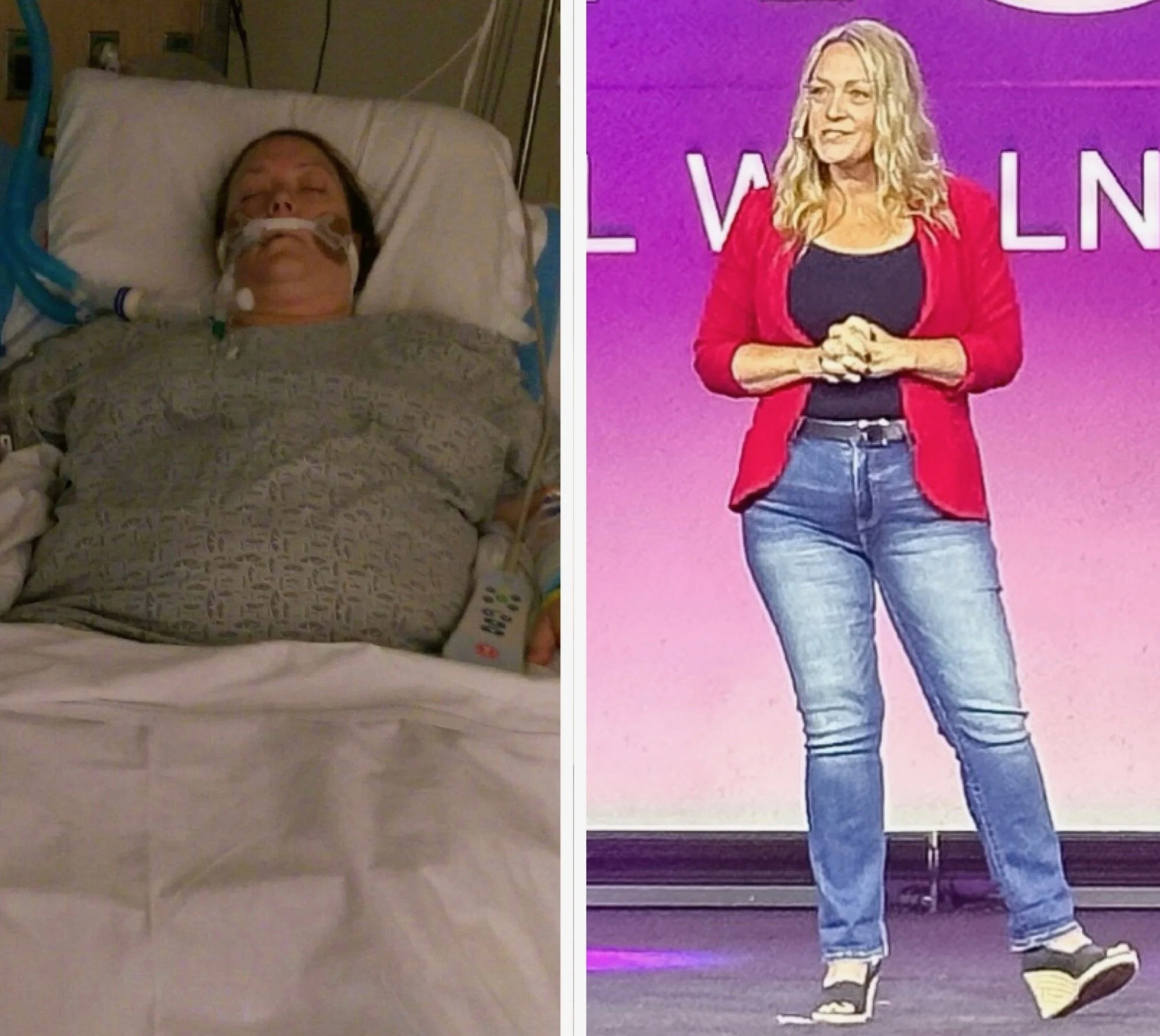 Left side shows a person lying in a hospital bed with breathing tubes and in a hospital gown. Right side shows a woman with blonde hair wearing a red blazer, black top, jeans, and sneakers, standing against a purple background with white text.