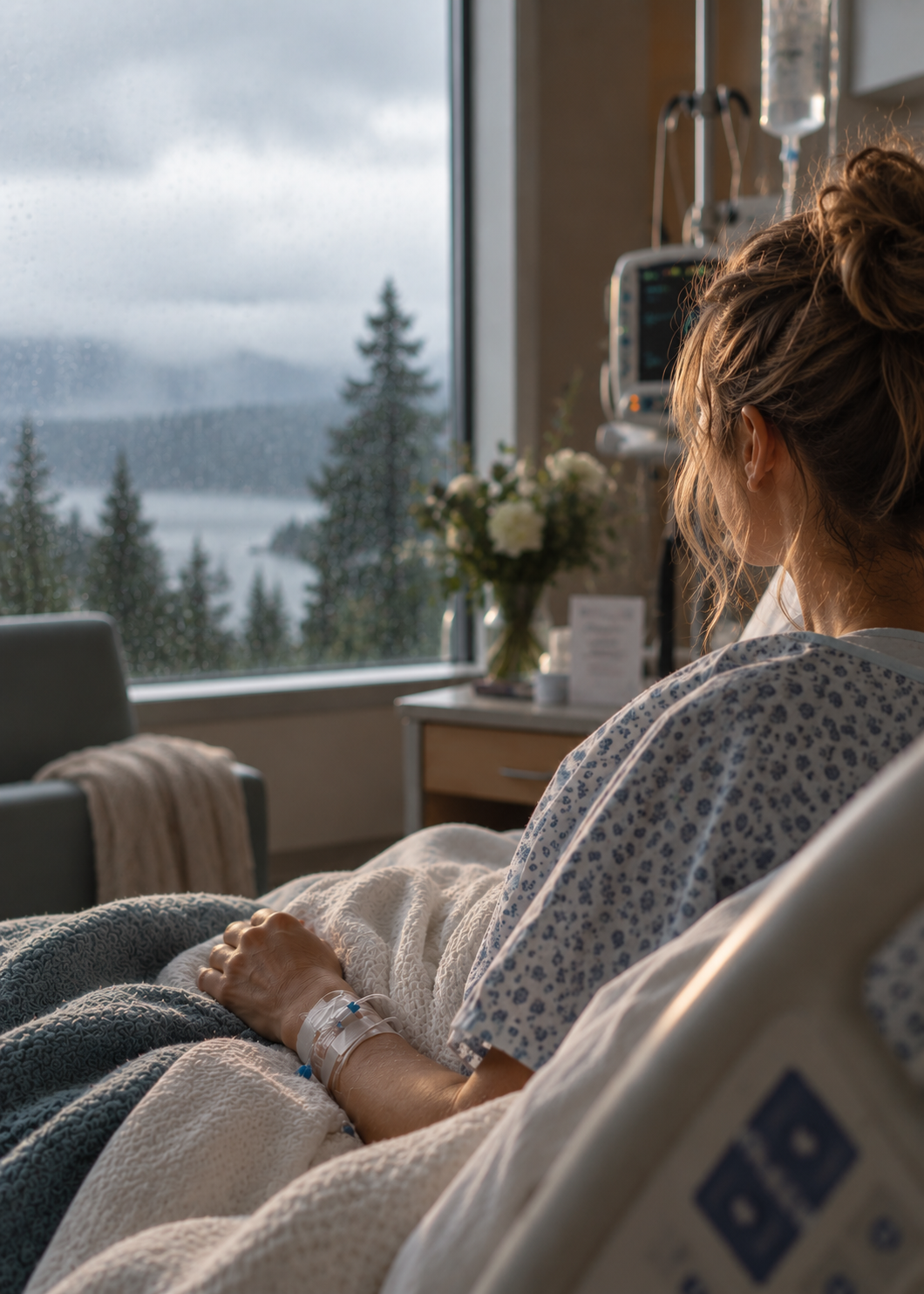 A patient in a hospital bed looking out a window at a rainy, mountainous landscape with tall trees.