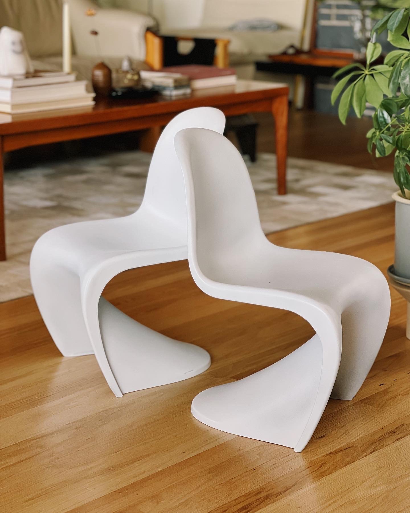 Two modern white chairs with curvy designs in a living room with wooden flooring, a wooden table with books and decorative items in the background, and a potted plant on the right.