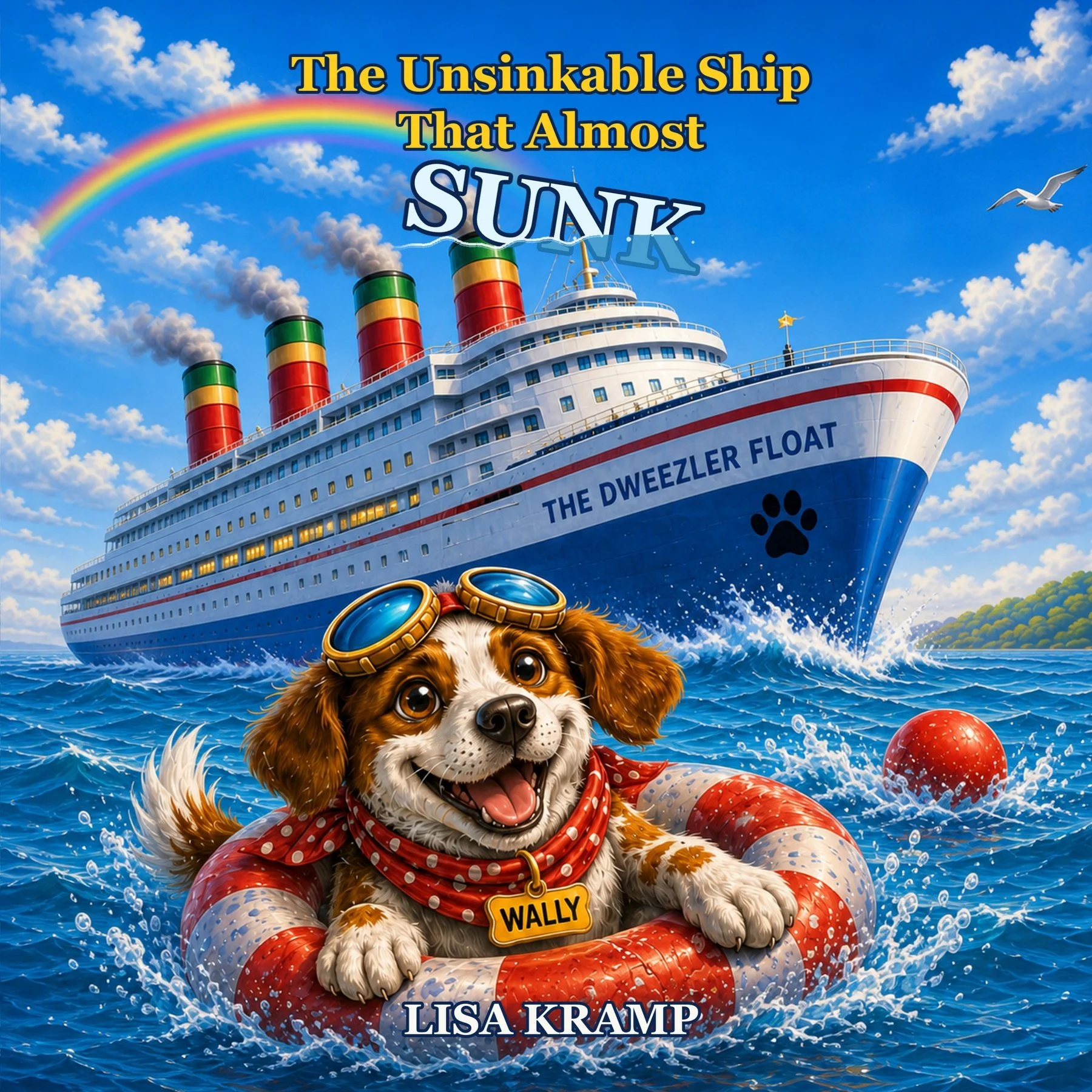 Book cover of The Unsinkable Ship That Almost Sunk by Lisa Kramp, featuring Wally the dog in the ocean beside a large passenger ship.