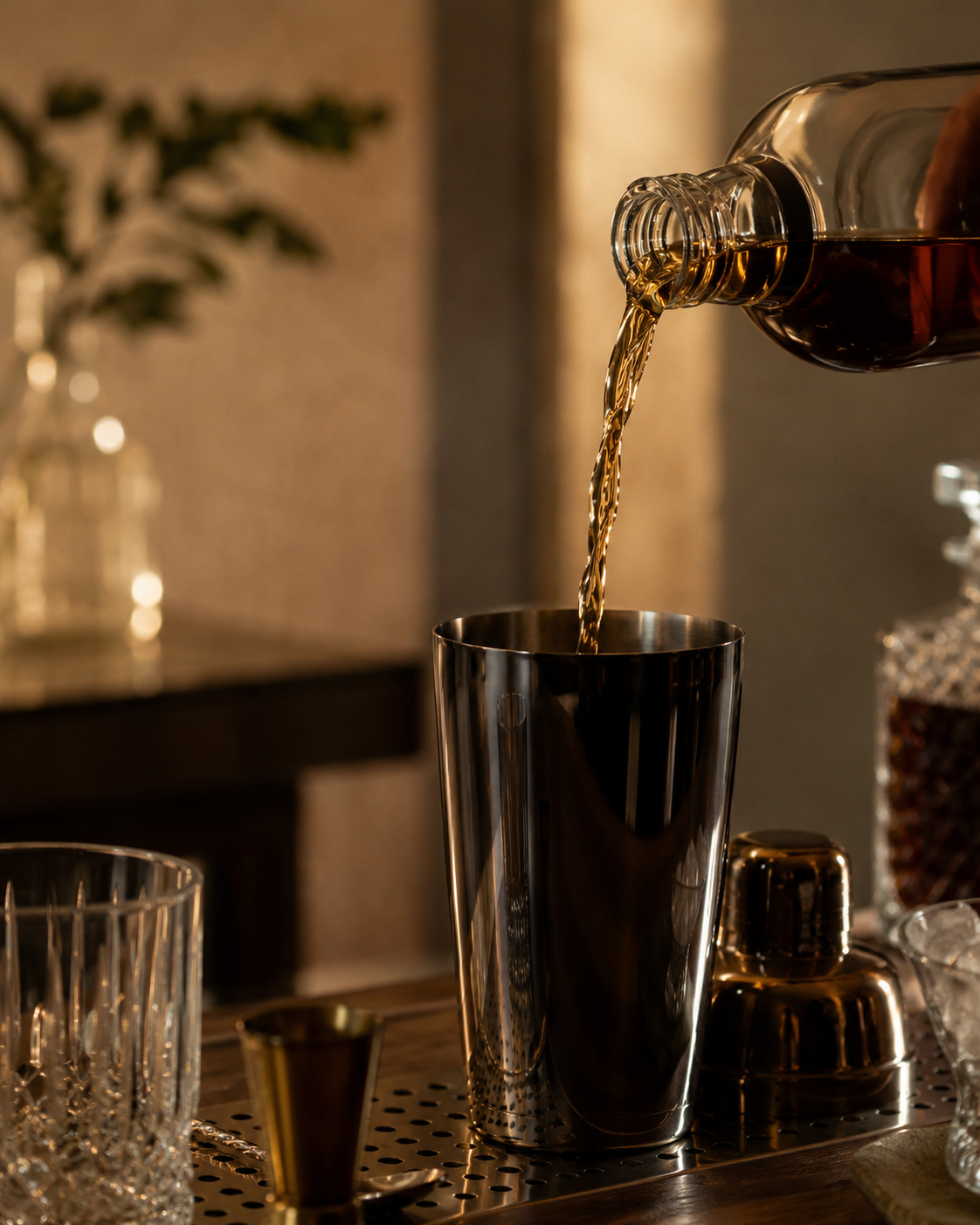 A bottle of dark liquor is being poured into a shiny metal shaker on a bar counter.