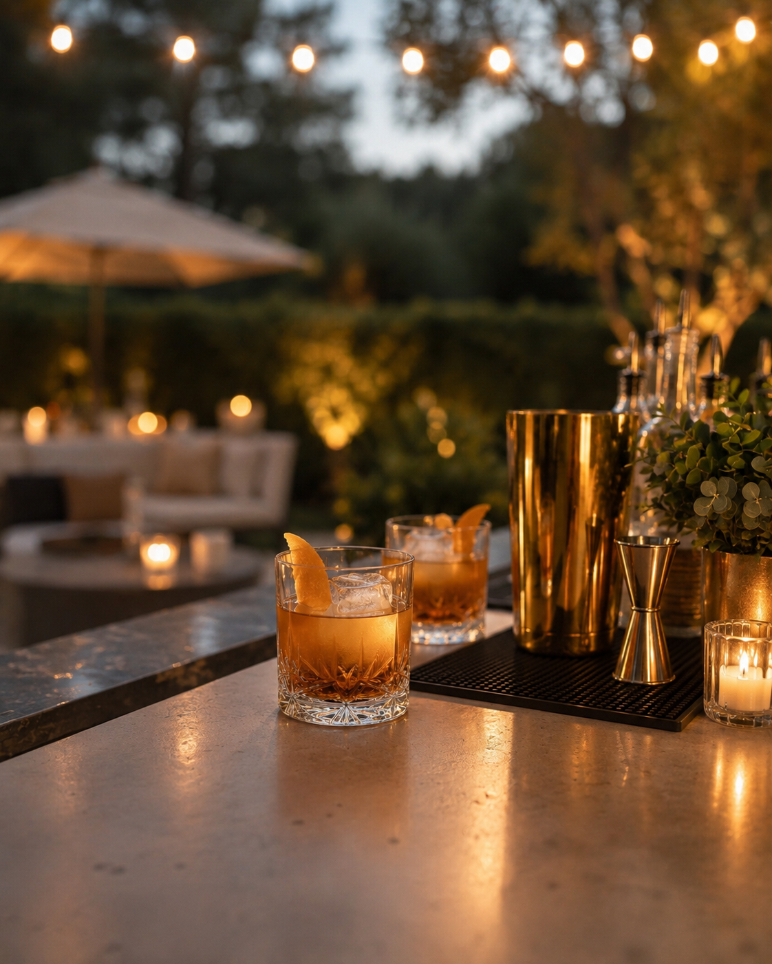 Two cocktail drinks with lemon slices and ice on a bar counter at an outdoor evening gathering with string lights and candles.