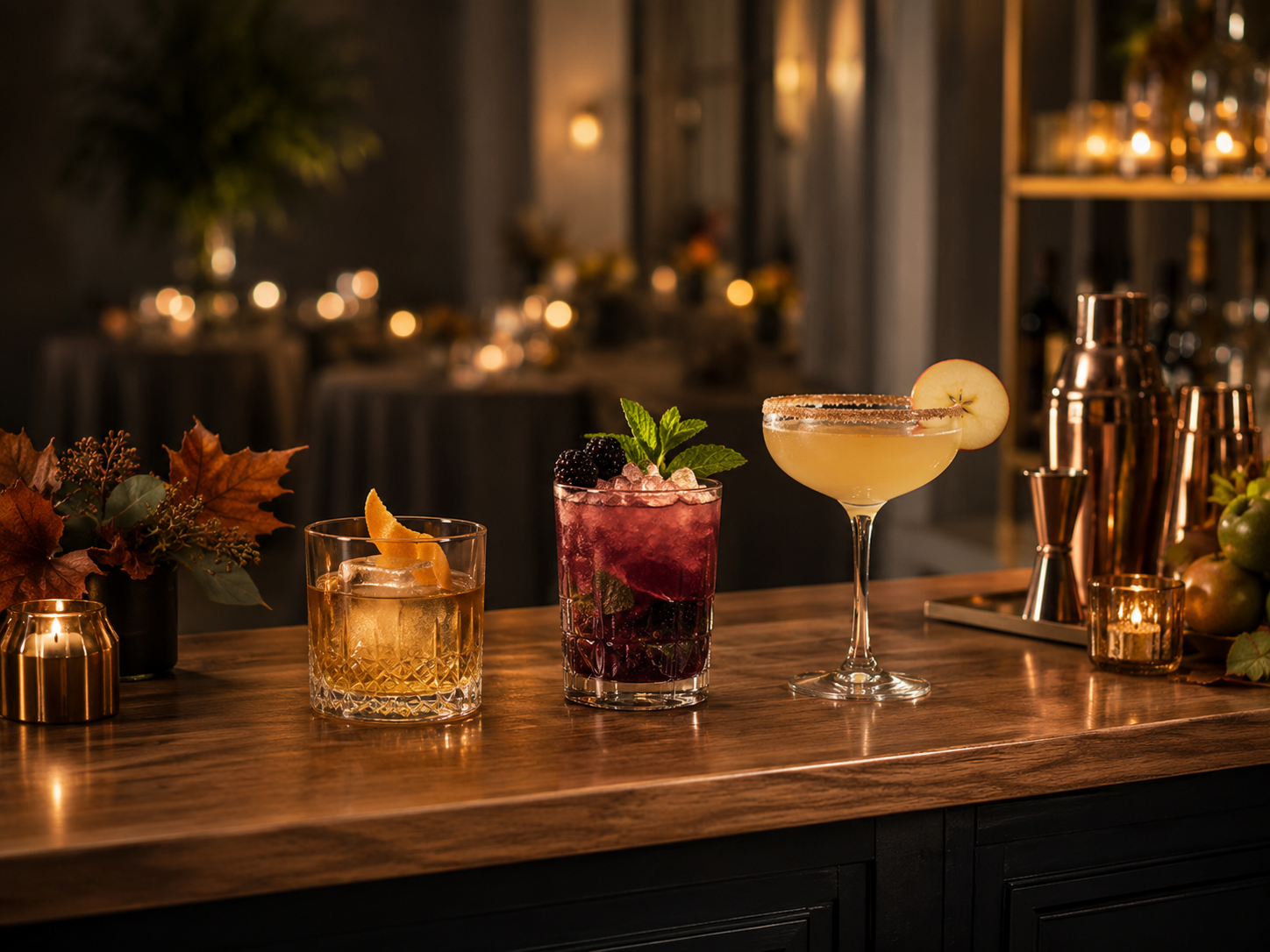 Four different cocktails on a wooden bar with autumn leaves and candles in the background.