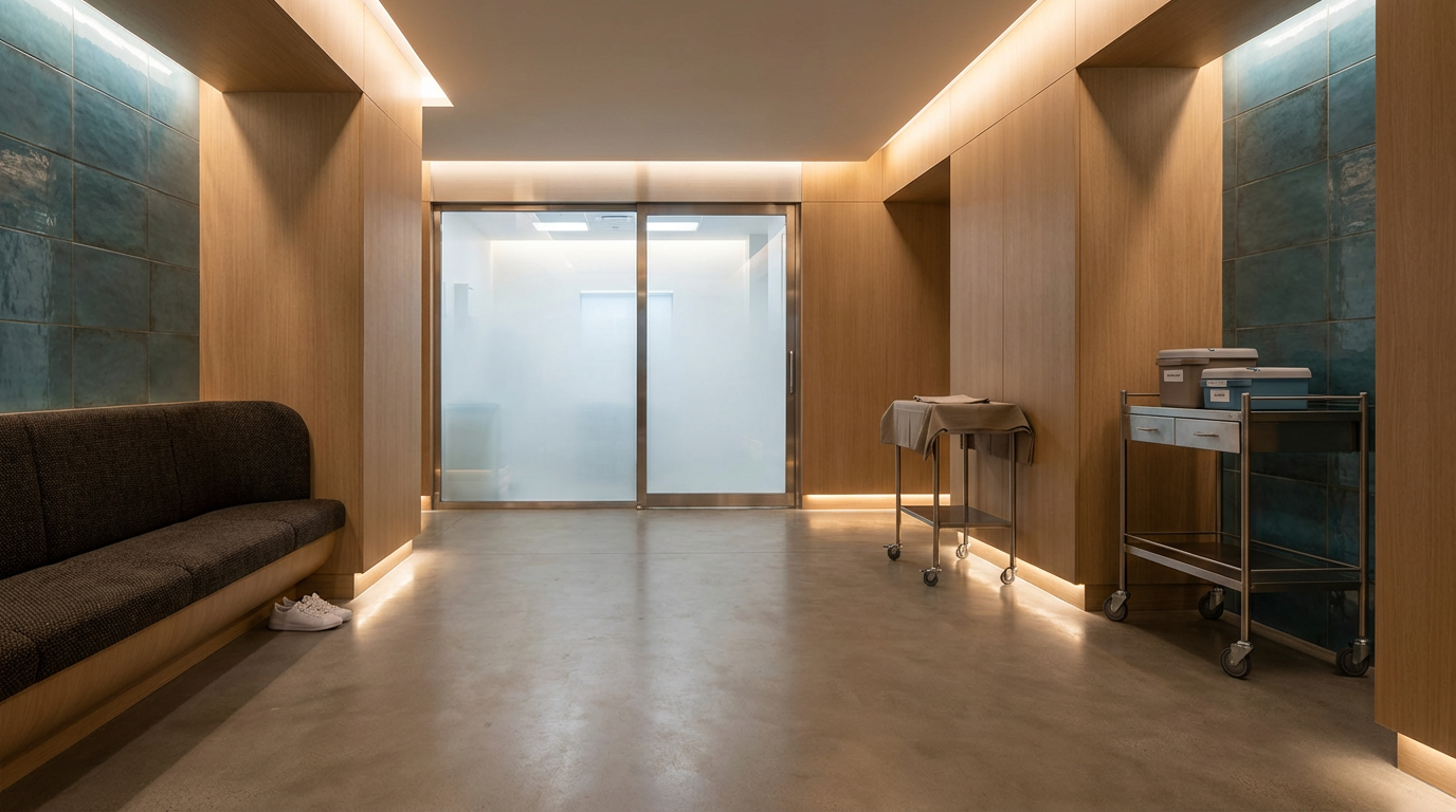 Modern, minimalist hospital hallway with wooden walls, a black bench with white shoes underneath, frosted glass doors at the end, and medical carts along the right wall.