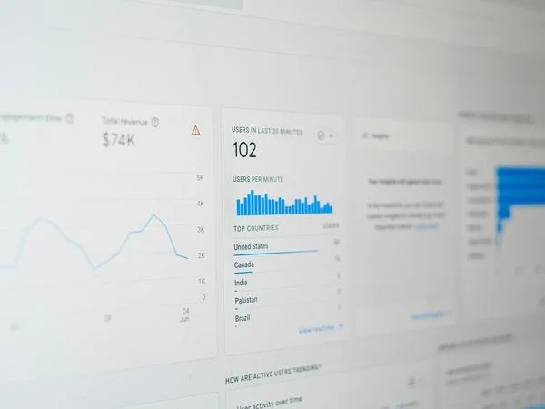 Computer screen displaying analytics dashboard with graphs, user data, and top countries