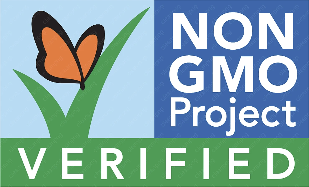 A butterfly perched on a green leaf with the words 'NON GMO Project VERIFIED' in large white letters on a blue background.