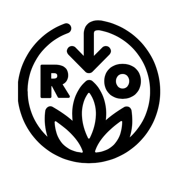 Recycling symbol with arrows and the letters R and O inside a circle