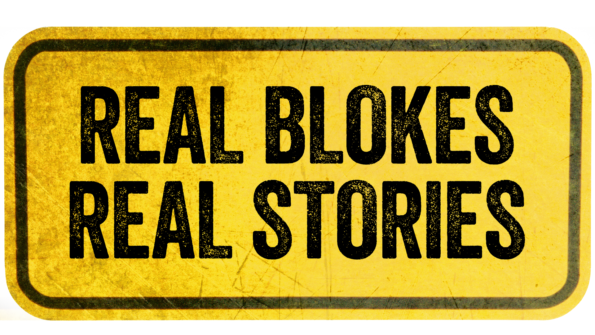 Yellow road sign with black border reading 'Real Bokes Real Stories'.