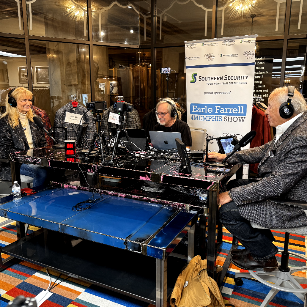 A radio broadcast with three people recording in a studio. A woman and two men are wearing headphones and speaking into microphones. Behind them is a banner for Southern Security and the 4 Memphis Show, with mannequins displaying clothing in the background.