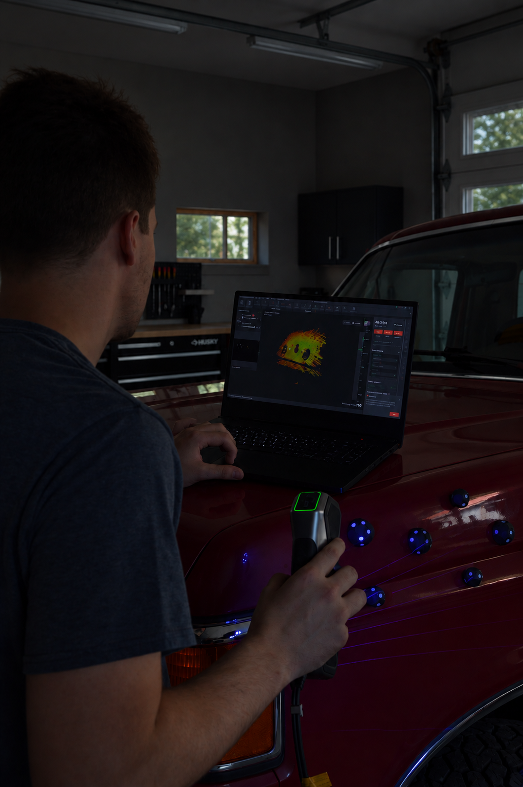 A man using a 3D scanner on a red vehicle in a dimly lit garage.