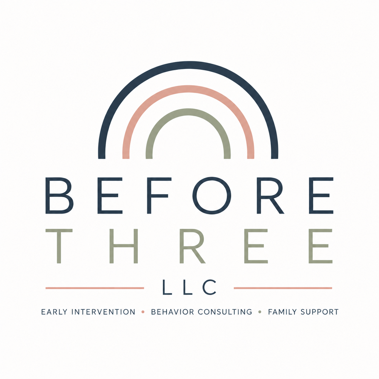 Logo for Before Three LLC with a rainbow graphic and text referencing early intervention, behavior consulting, and family support.