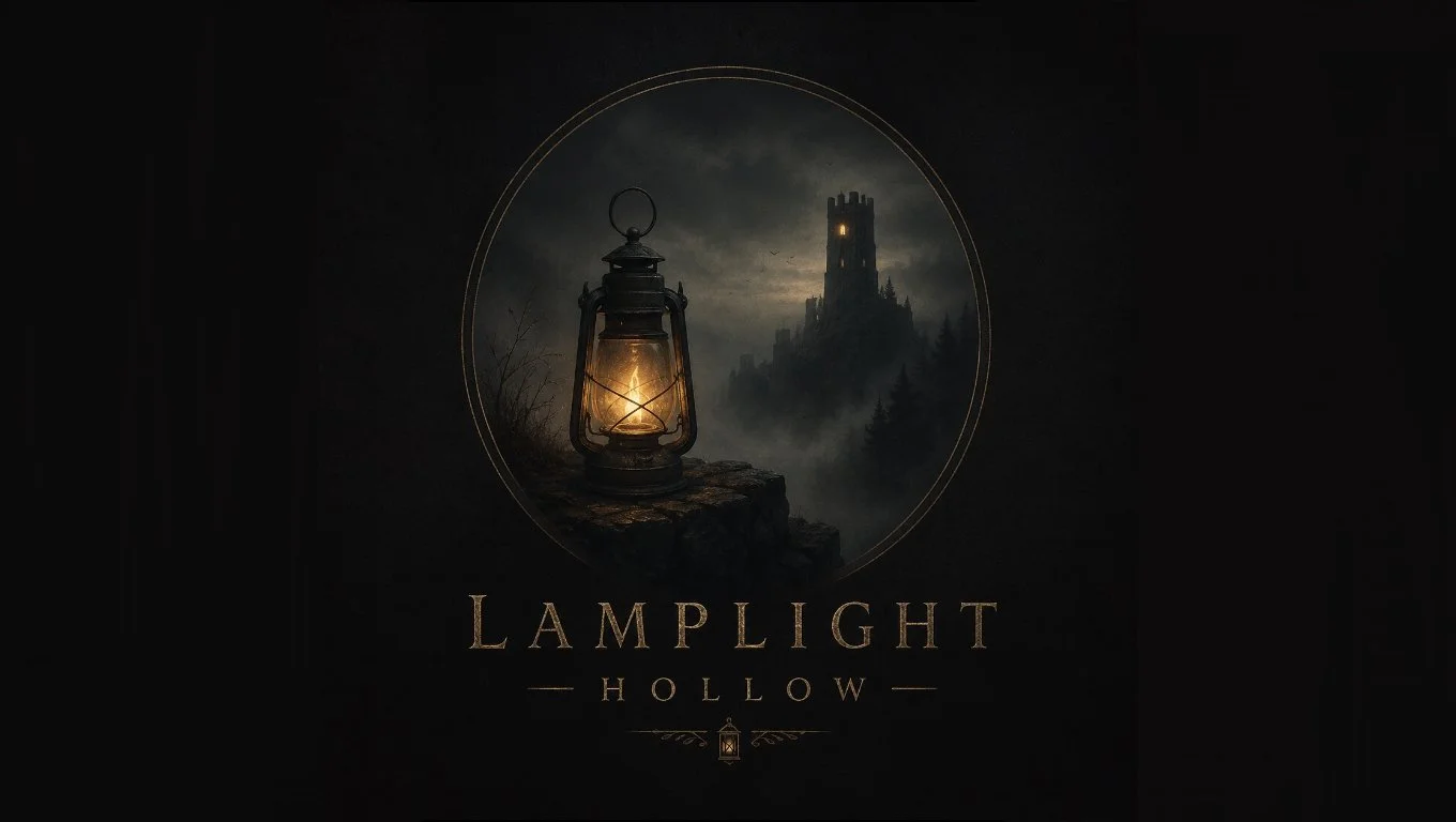 A dark image with a lantern glowing, set on a stone surface, with a foggy landscape and a castle on a hill in the background. Text reads 'LAMPLIGHT HOLLOW'.