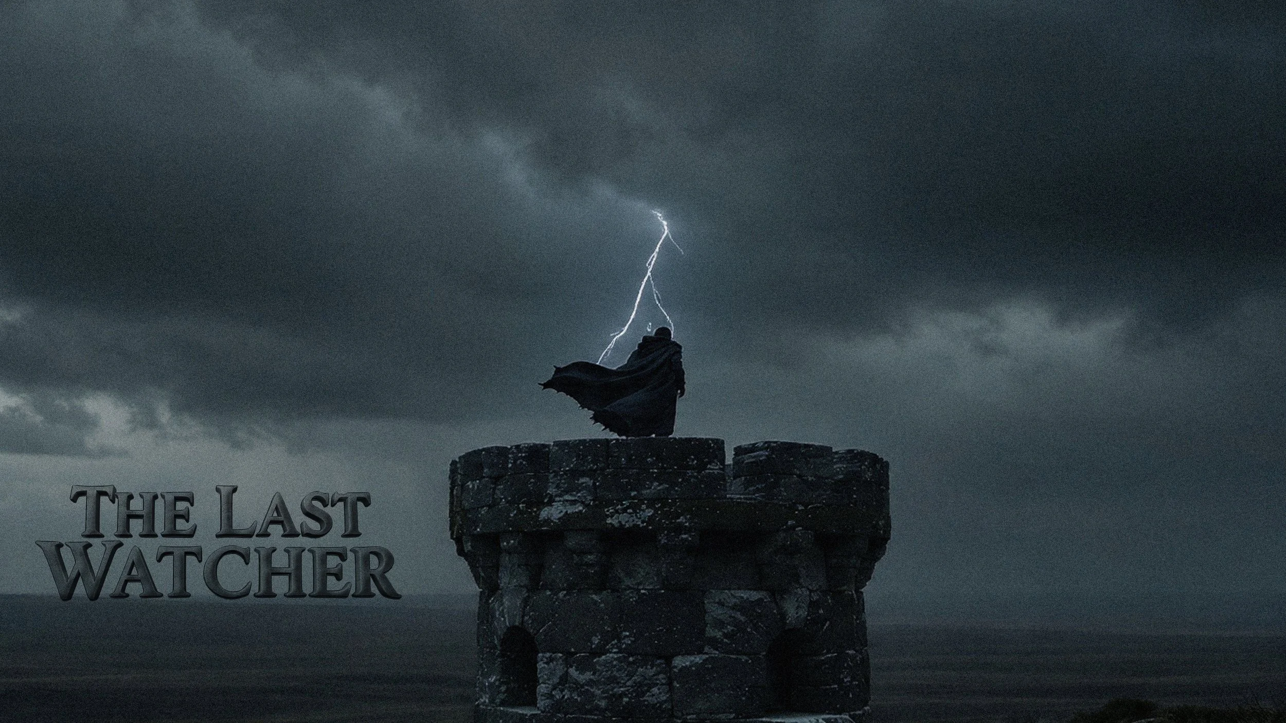 A person wearing dark clothing standing on a stone structure during a thunderstorm, with lightning striking the sky behind them.