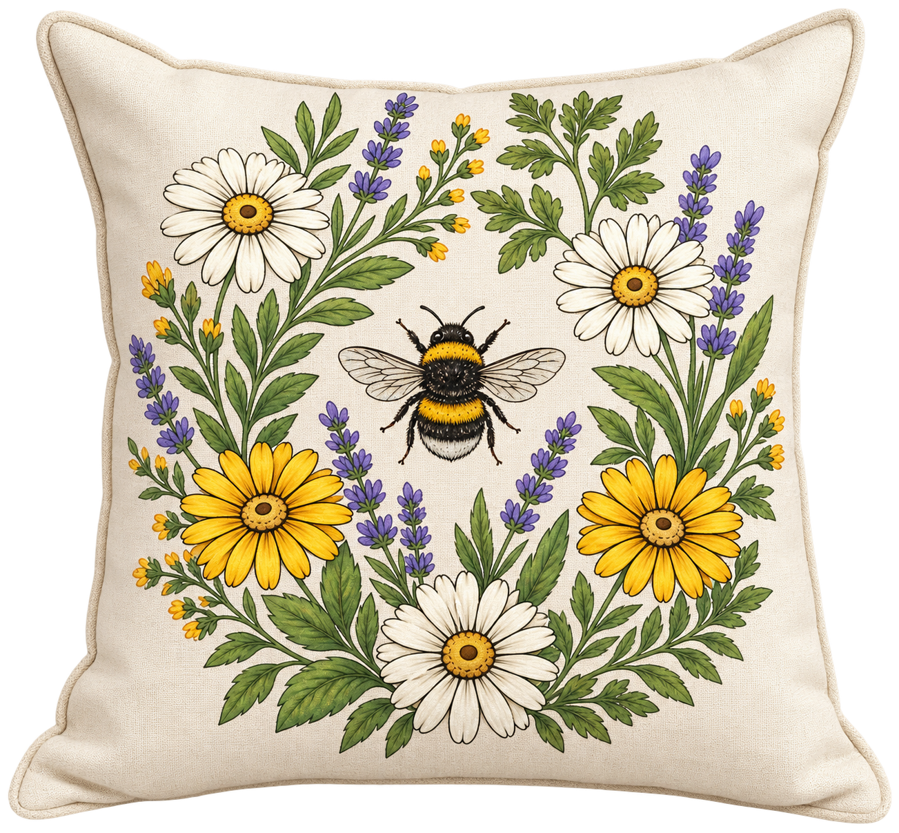 Decorative pillow with a floral pattern featuring daisies, yellow and purple flowers, green leaves, and a bee in the center.