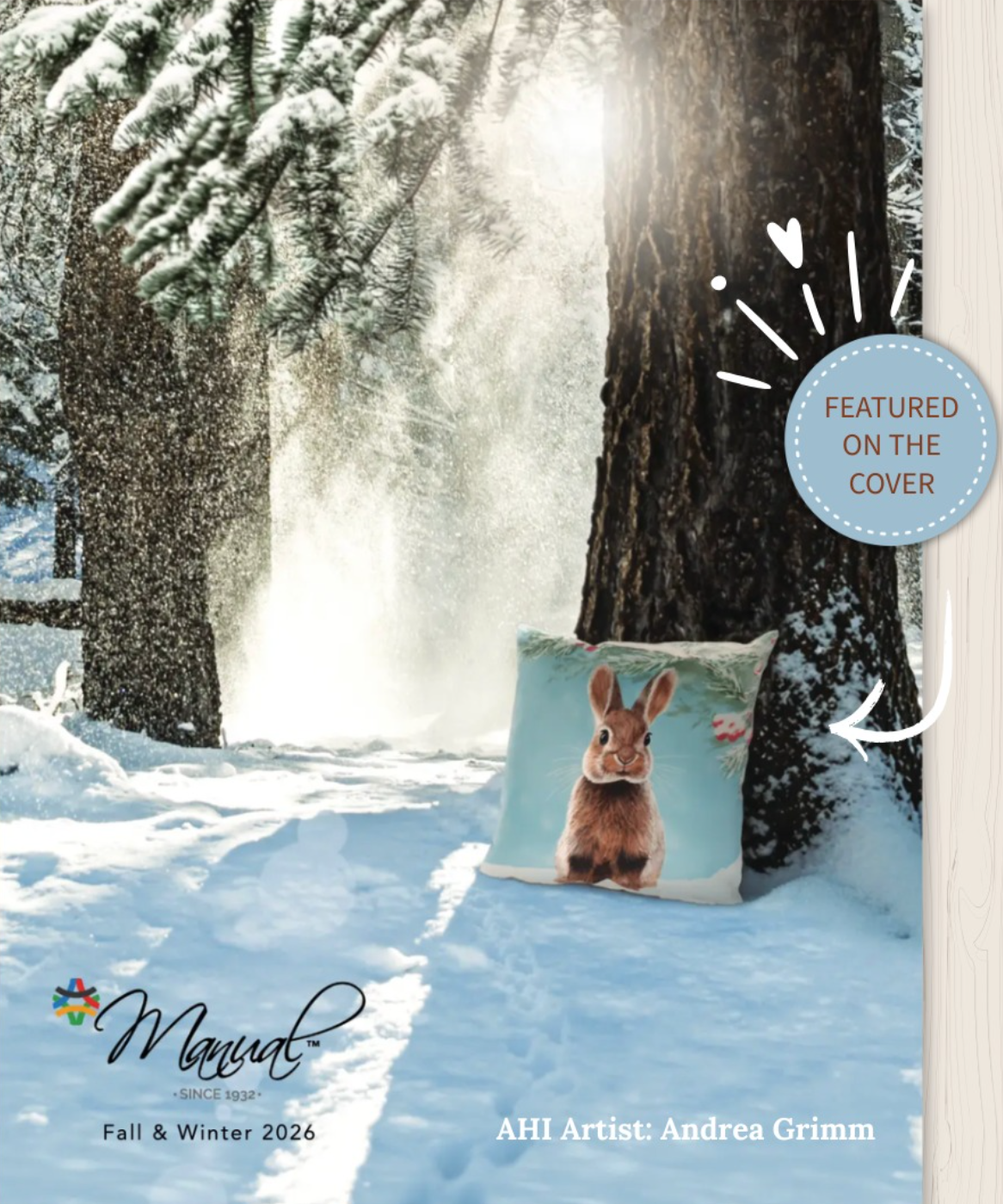 Cover Art showing winter scene with bunny in the snow pillow for Manual Woodworking and Weavers