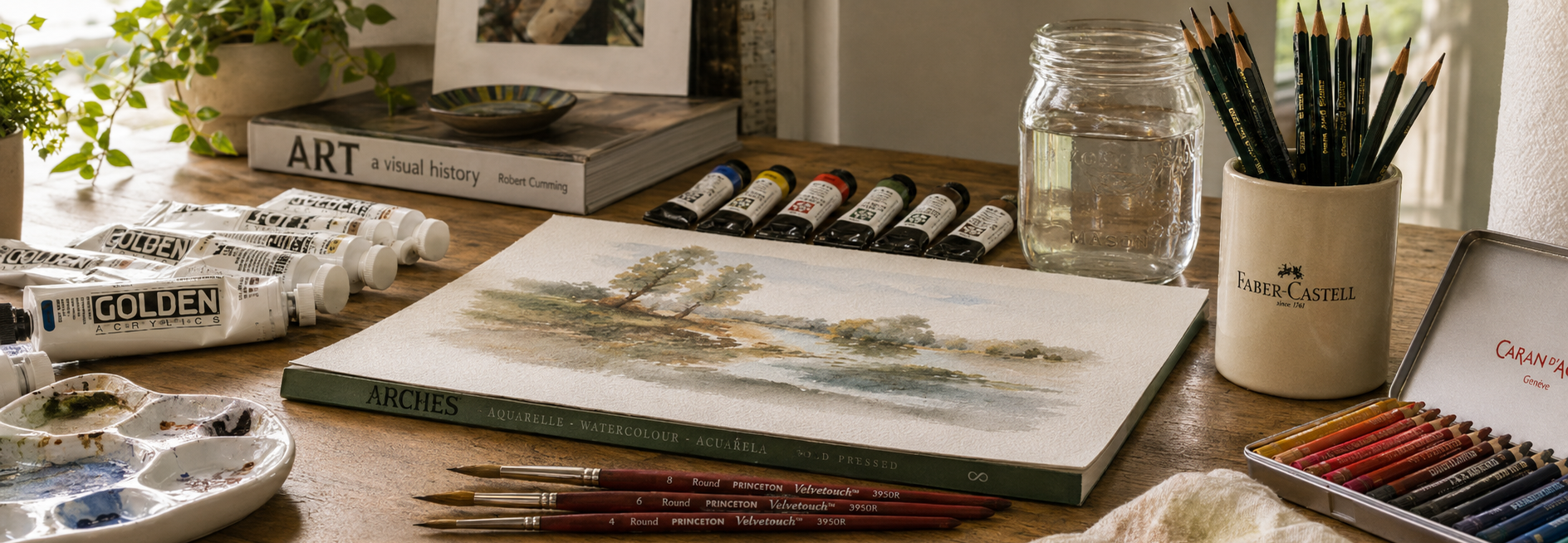 Sunlit Watercolor Artist’s Workspace